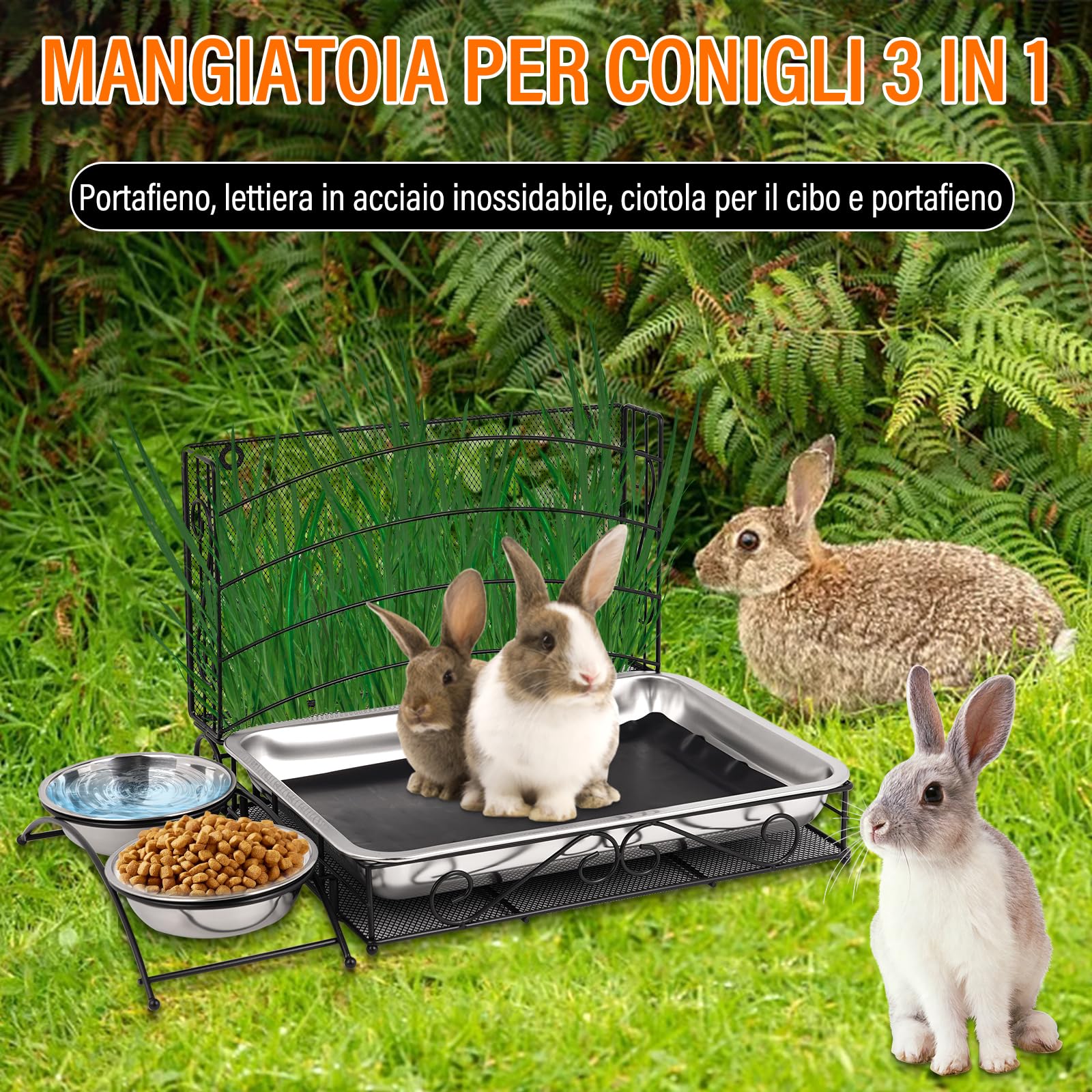 3 In 1 Porta Fieno Per Conigli, Mangiatoia Per Conigli e Lettiera con Tappetino Impermeabile e Ciotola Per L'Acqua Per Piccoli Animali Domestici Coniglio Criceto Dispensatore di Cibo