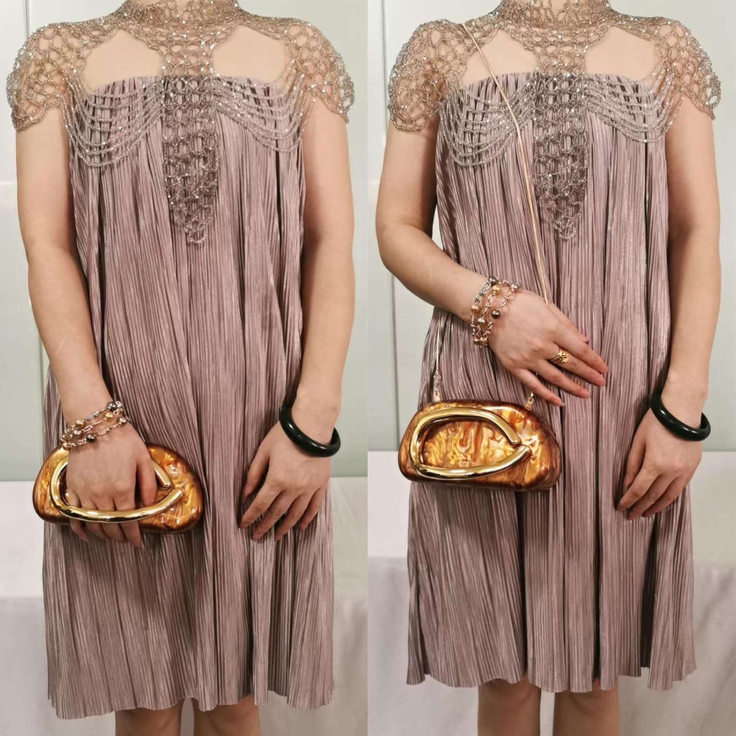 Metal Handle Handbag Detachable Chain Crossbody Shoulder Evening Bag Clutch Purse for Women Formal Wedding Party Prom