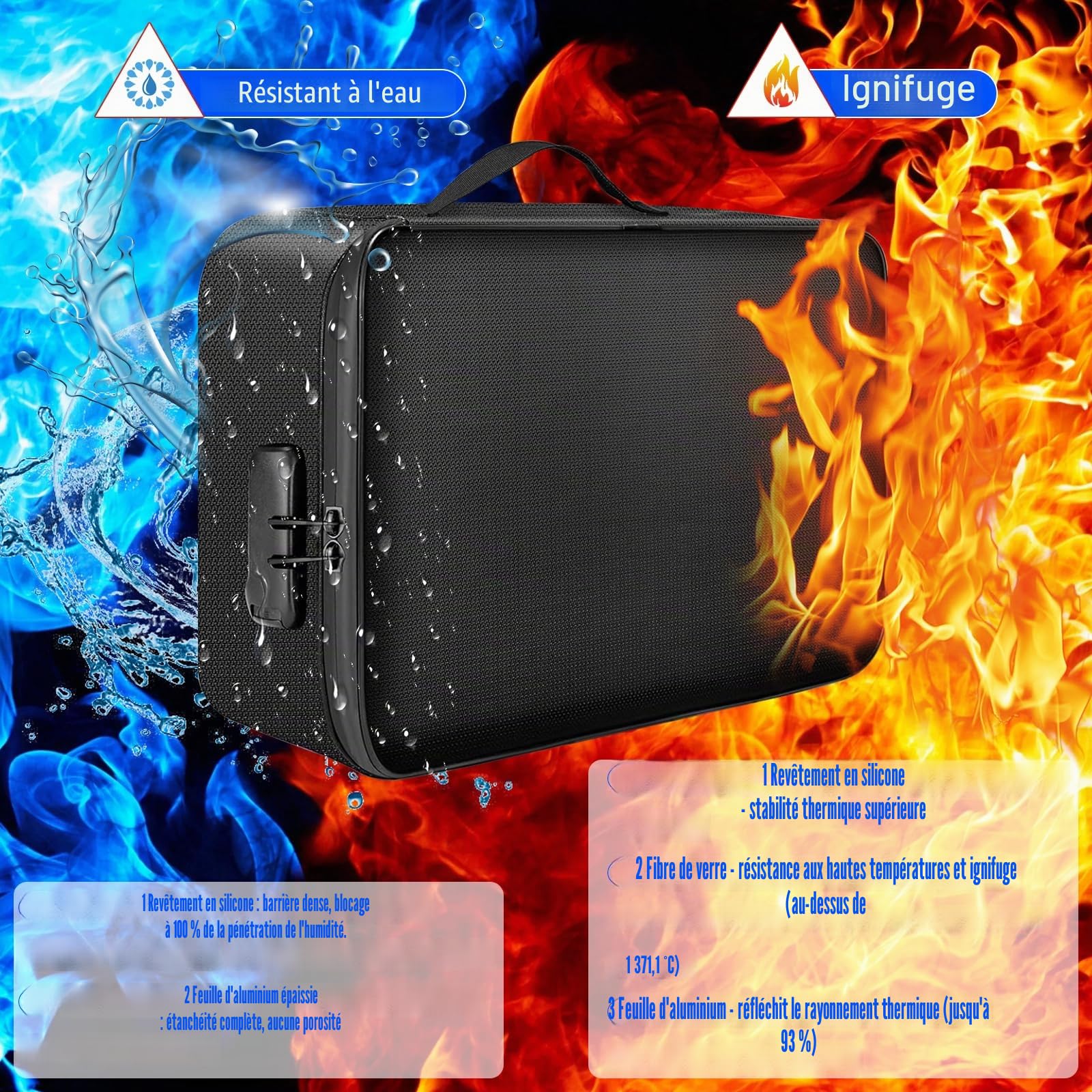 Sac à documents ignifuge / étanche (38 x 28 x 10 cm) 4 couches Grande capacité ignifuge avec serrure, boîte de rangement sécurisée pour passeport, certificats, documents juridiques, objets
