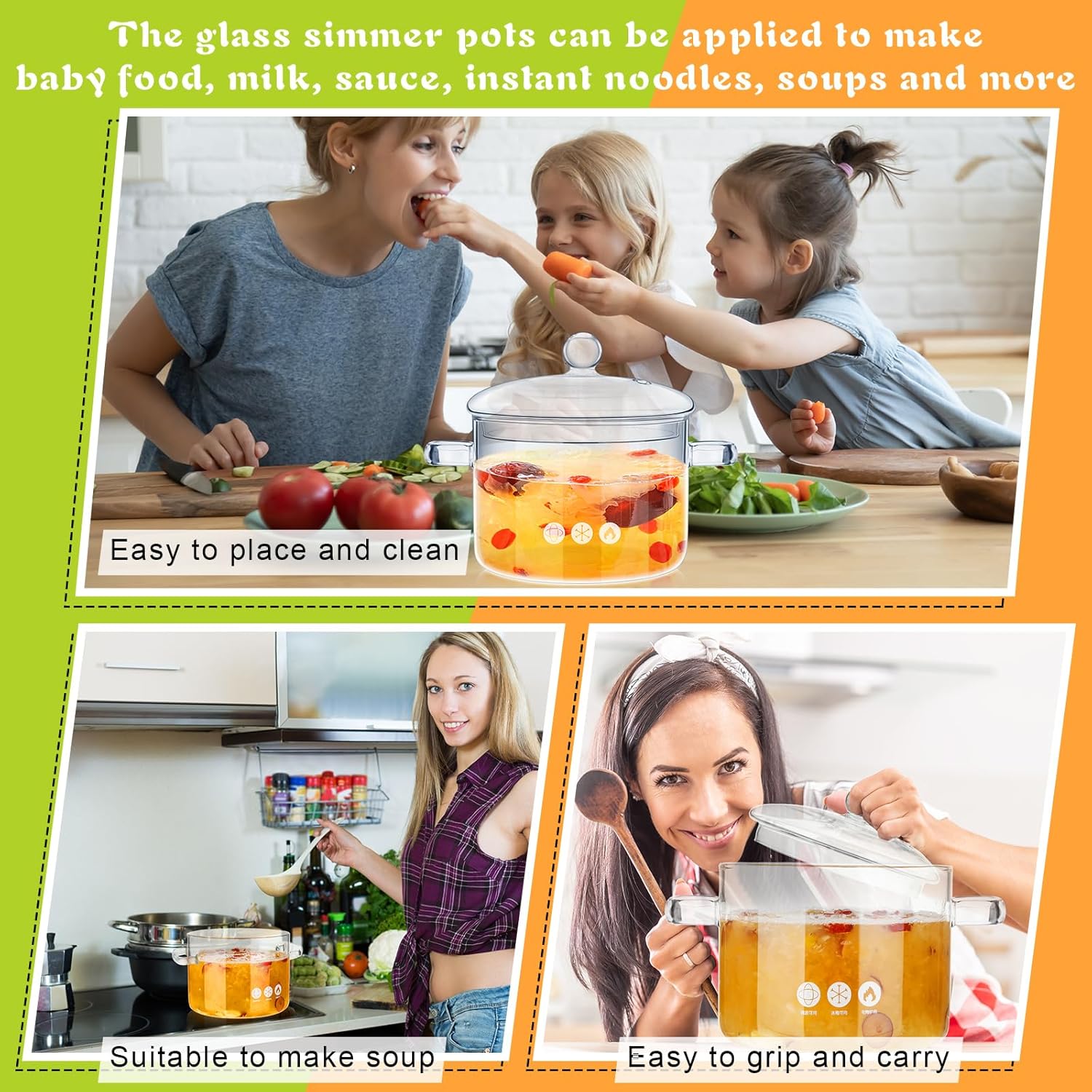 Hsei 3 Pcs Glass Simmer Pot Heat Resistant Clear 1.3 1.5 1.9 L Saucepan with Cover Handle Glass Pots for Cooking Cookware Stovetop and Pan with Lid for Pasta Noodle(Classic)