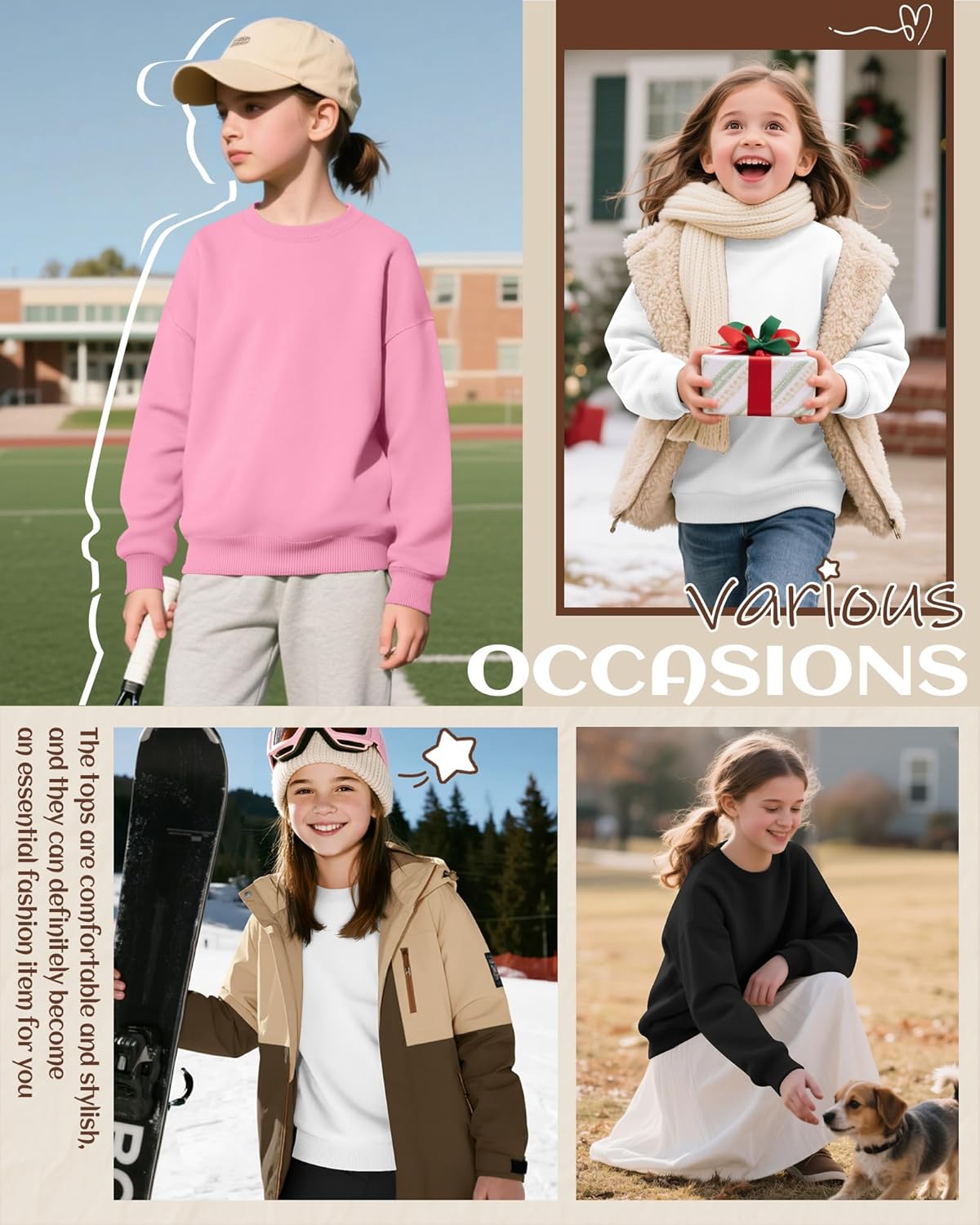 3 Pack Girls Long Sleeve Sweatshirts Crew Neck Kids Lightweight Tops Pullover Casual Loose Shirts for 5-14 Years - Image 5