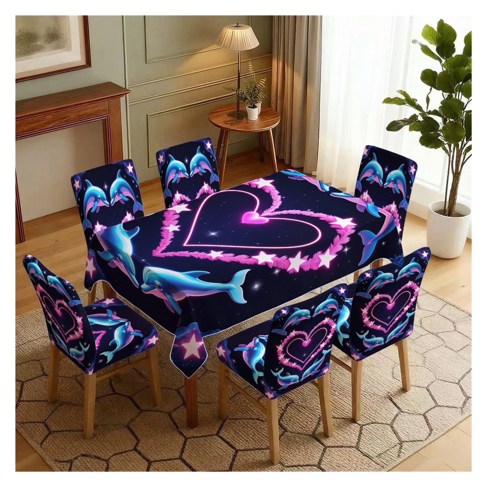 KXUAUV Neon Heart Dolphin Star Dining Chair Covers & Tablecloth Set, 5/7 Piece Romantic Ocean Slipcovers For Fantasy Night Home Decor Party Decor(7pcs Set: Tablecloth+Chair Covers)