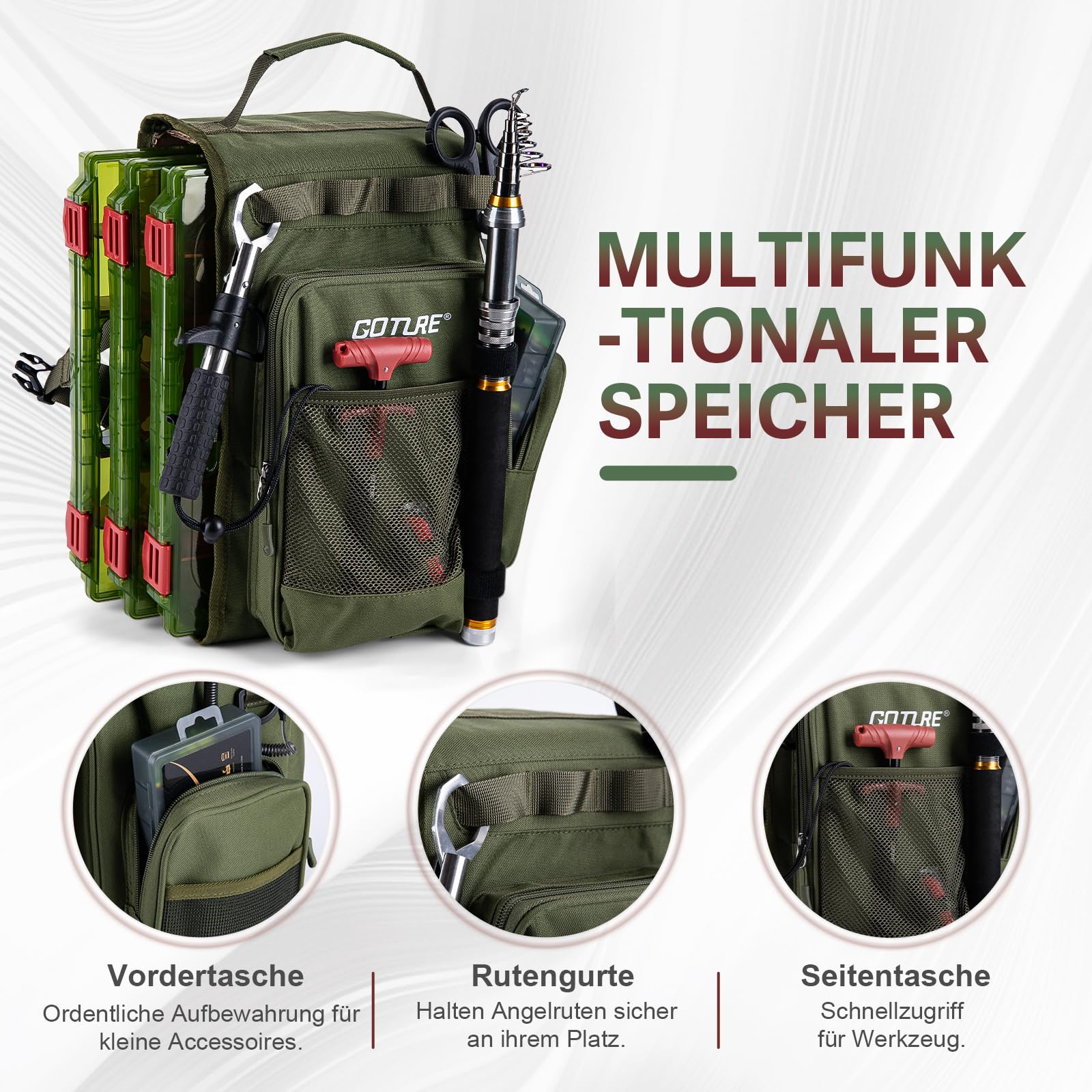 Goture Angeltasche mit 3 Köderboxen, Angelausrüstung, Wasserdicht Crossbody | Aus robustem 900D Oxford, mehrere Taschen, einstellbarer Riemen, geeignet für Wandern, Camping, Reisen
