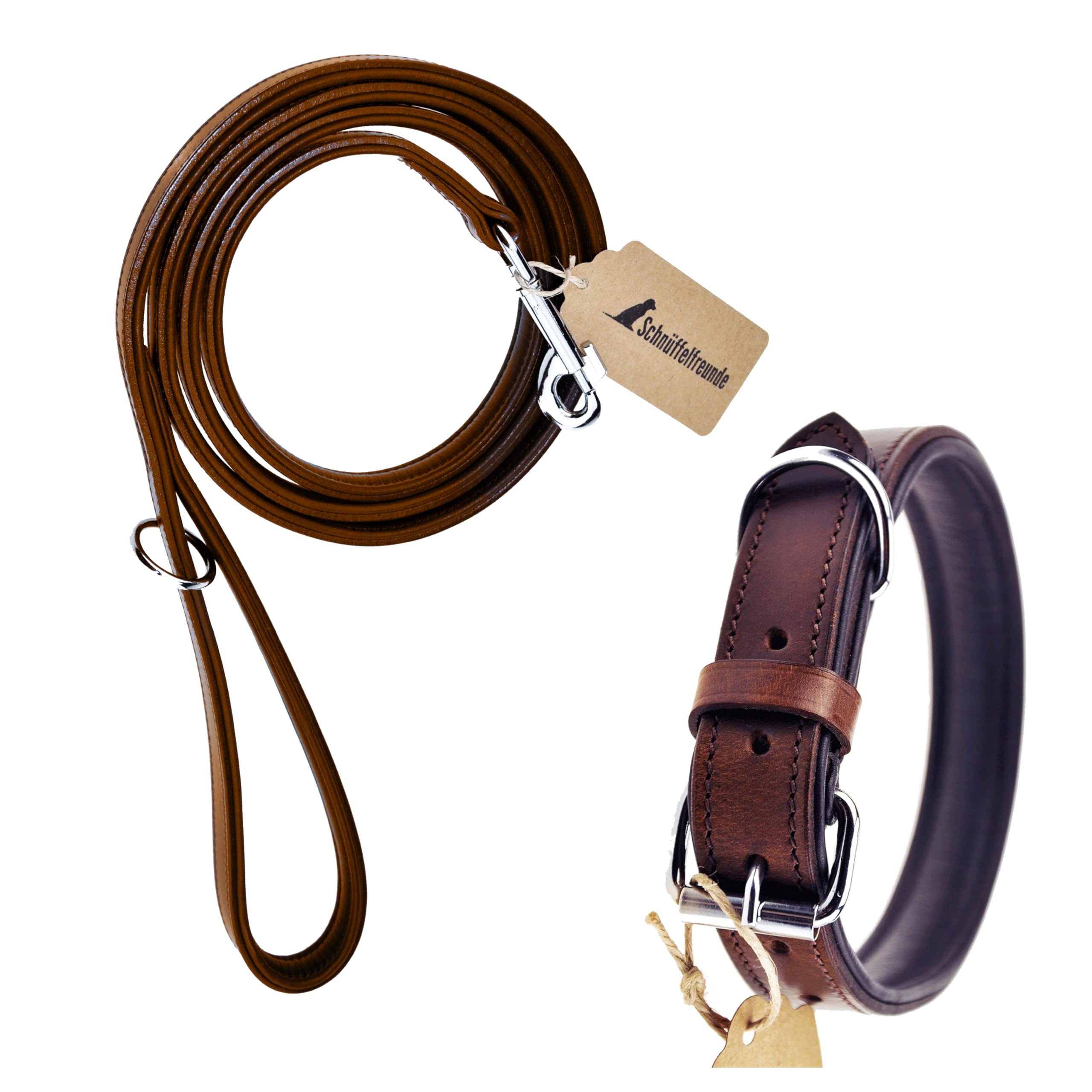 Hunde Halsband und Leine Set - aus Leder - handgenäht - Halsband Größe L/Leine 230cm (Braun)