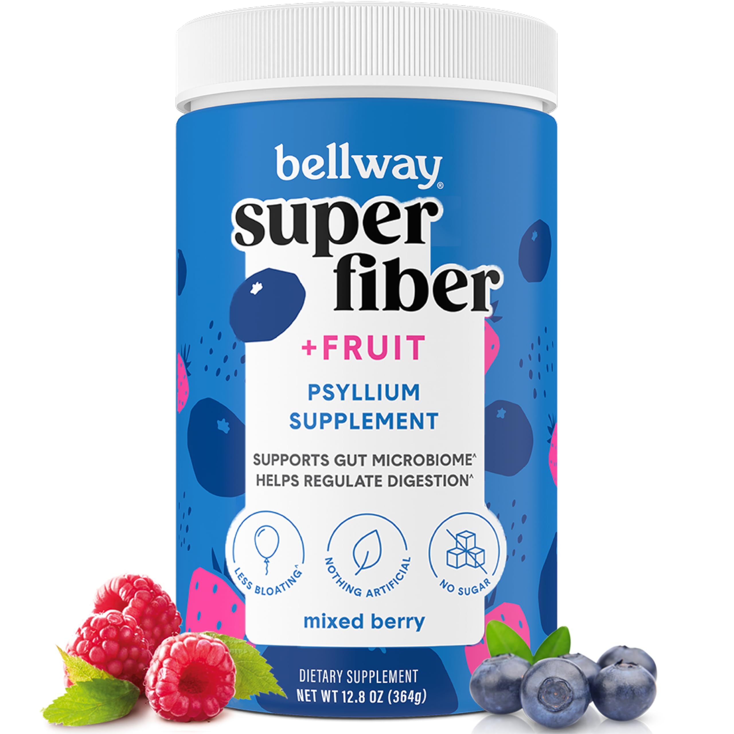 Bellway Super Fiber Powder + Fruit, Sugar Free Organic Psyllium Husk Powder Fiber Supplement for Regularity, Bloating Relief & Gut Health, Non-GMO, Plant-Based, Mixed Berry (12.8 oz)