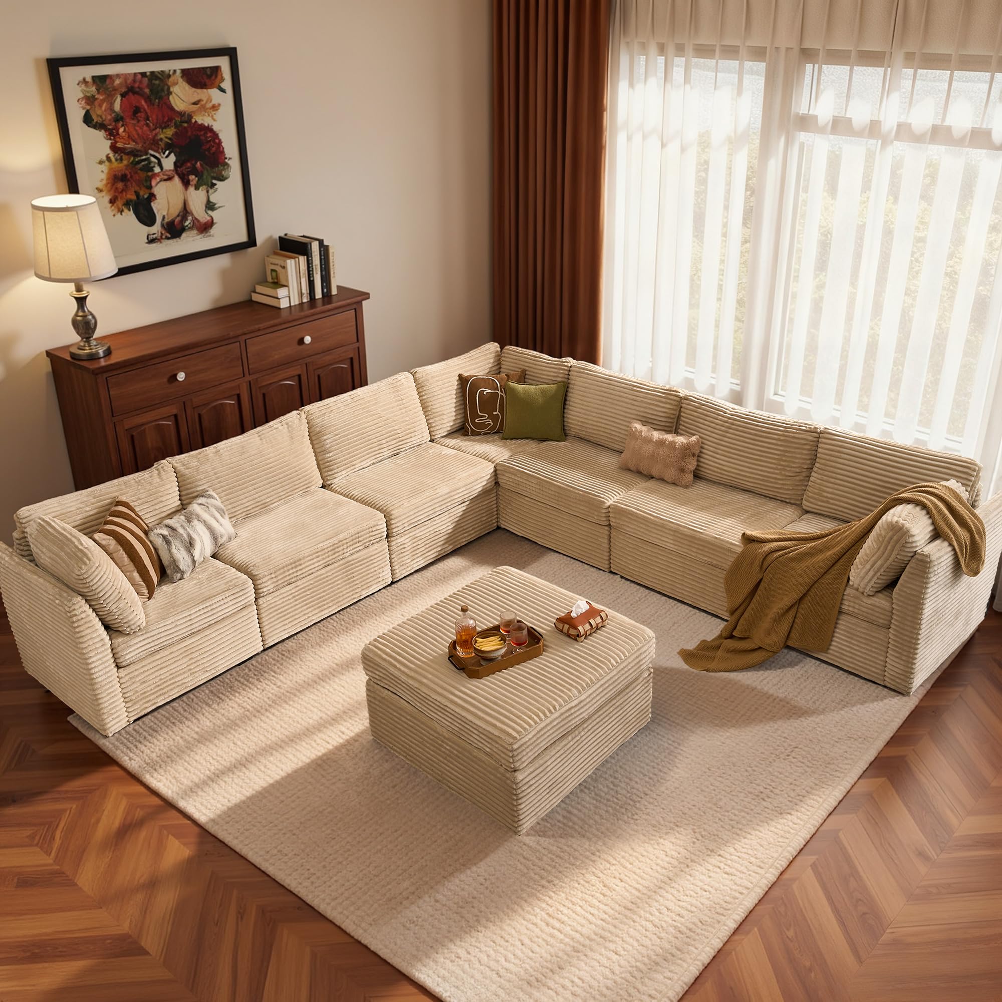 HOOOWOOO Modular Sectional Sofa,8 Pieces Sectional Couches for Living Room,164X66 L Shaped Cloud Couch with Ottoman Chaise Set(Beige Velvet Corduroy)
