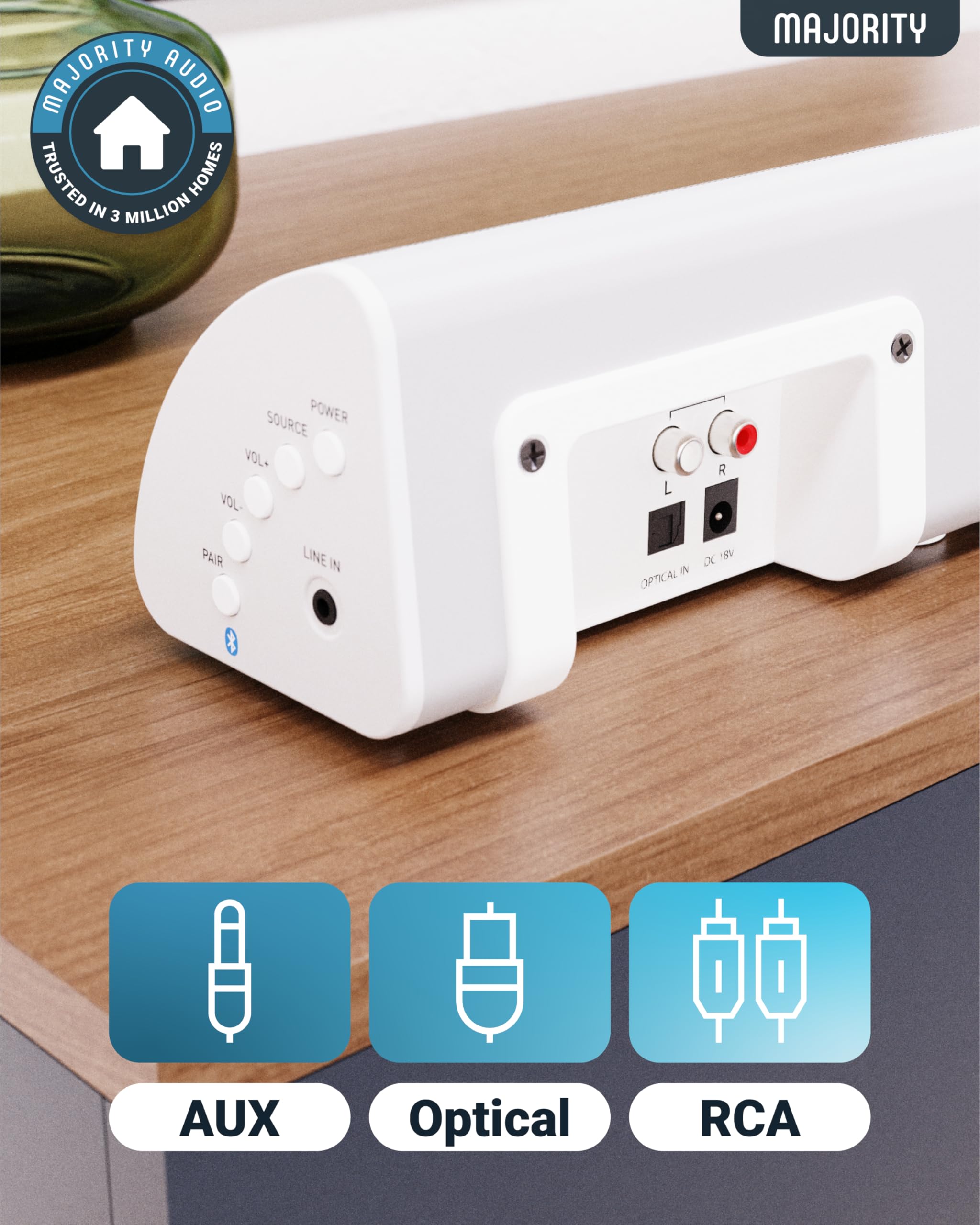 MAJORITY Snowdon Barre de son Bluetooth pour TV | Caisson de basses intégré | Son 2.1 canaux 120 W | Connexion RCA, optique et AUX | Montage mural | 81 cm | Télécommande incluse (blanc)