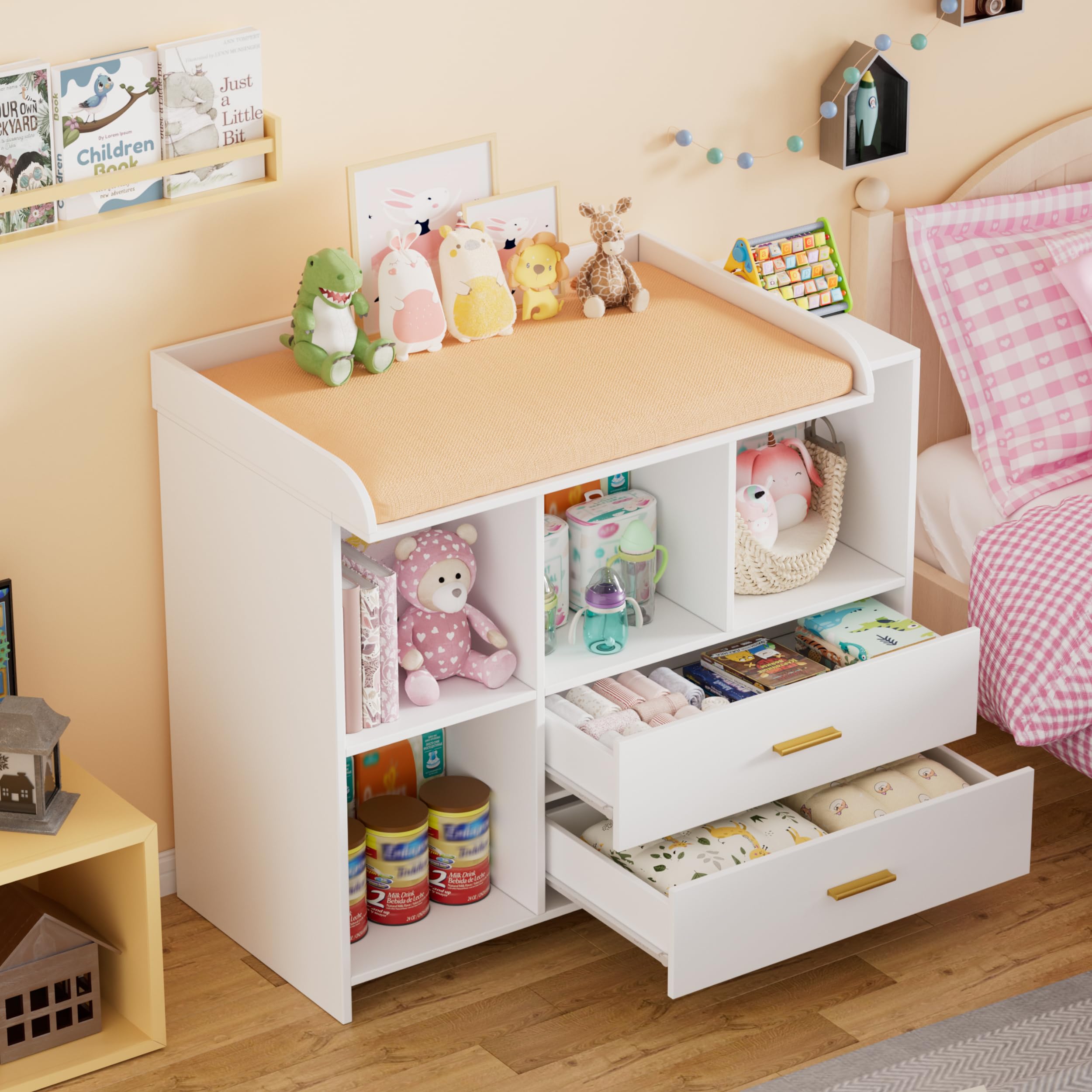 MSFE Cambiador bebe 2 en 1 Mueble Cambiador Bebe, Cómoda con Desmontable Comoda Cambiador, 2 Cajones y 3 Compartimentos, Cajonera de 94.7x40x81.2cm, Blanco