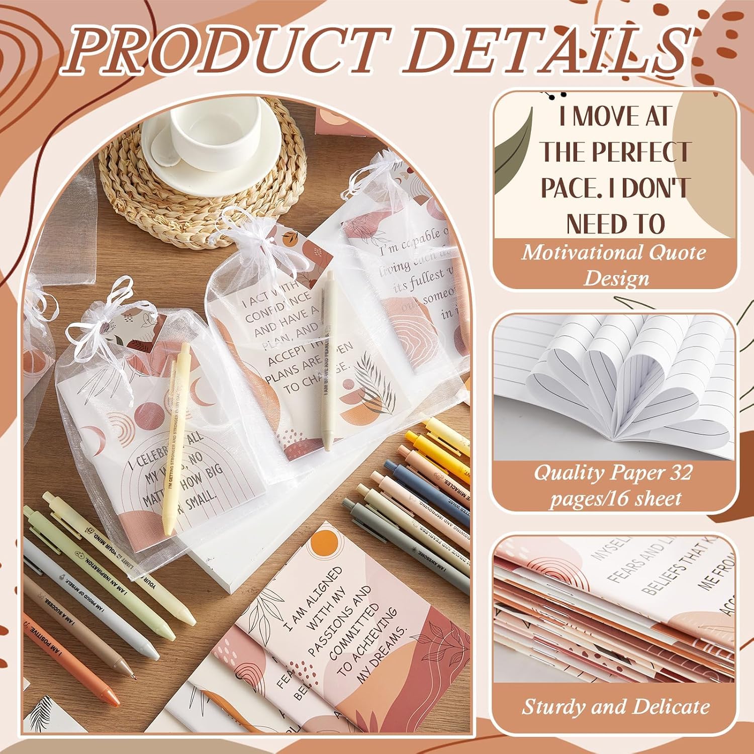 24Set/96Pcs Boho Positive Affirmation Bulk Gifts Gratitude Notebooks with Pens Organza Bags Thanks Tags Motivational Encouragement Notepads Daily Journal for Women Adult Party Favor Coworkers Gifts - Image 3