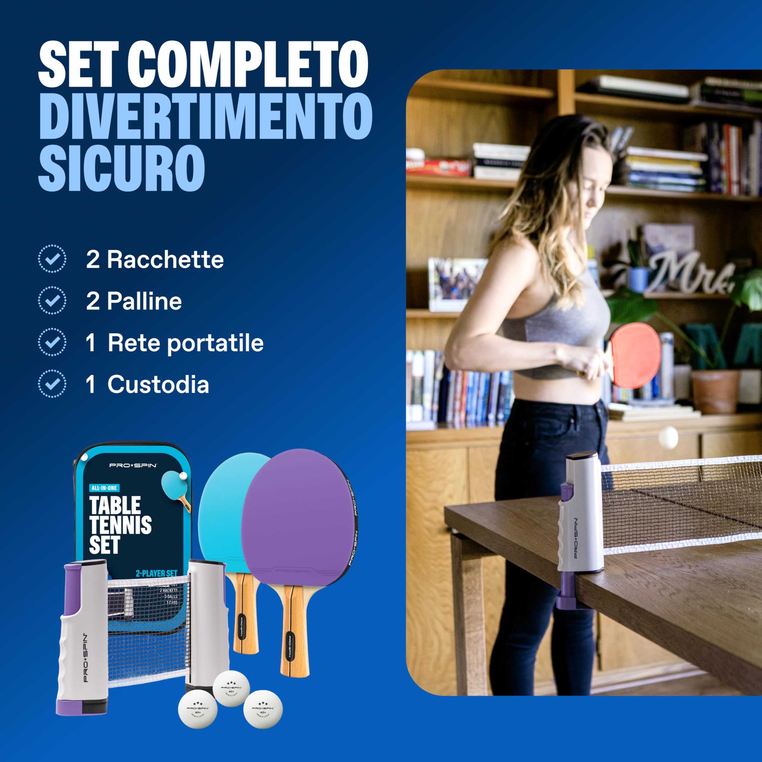 PRO-SPIN Set da Tavolo Portatile - Kit Premium con Rete Estensibile per Qualsiasi Tavolo, Racchette, Palline e Custodia per Ping Pong