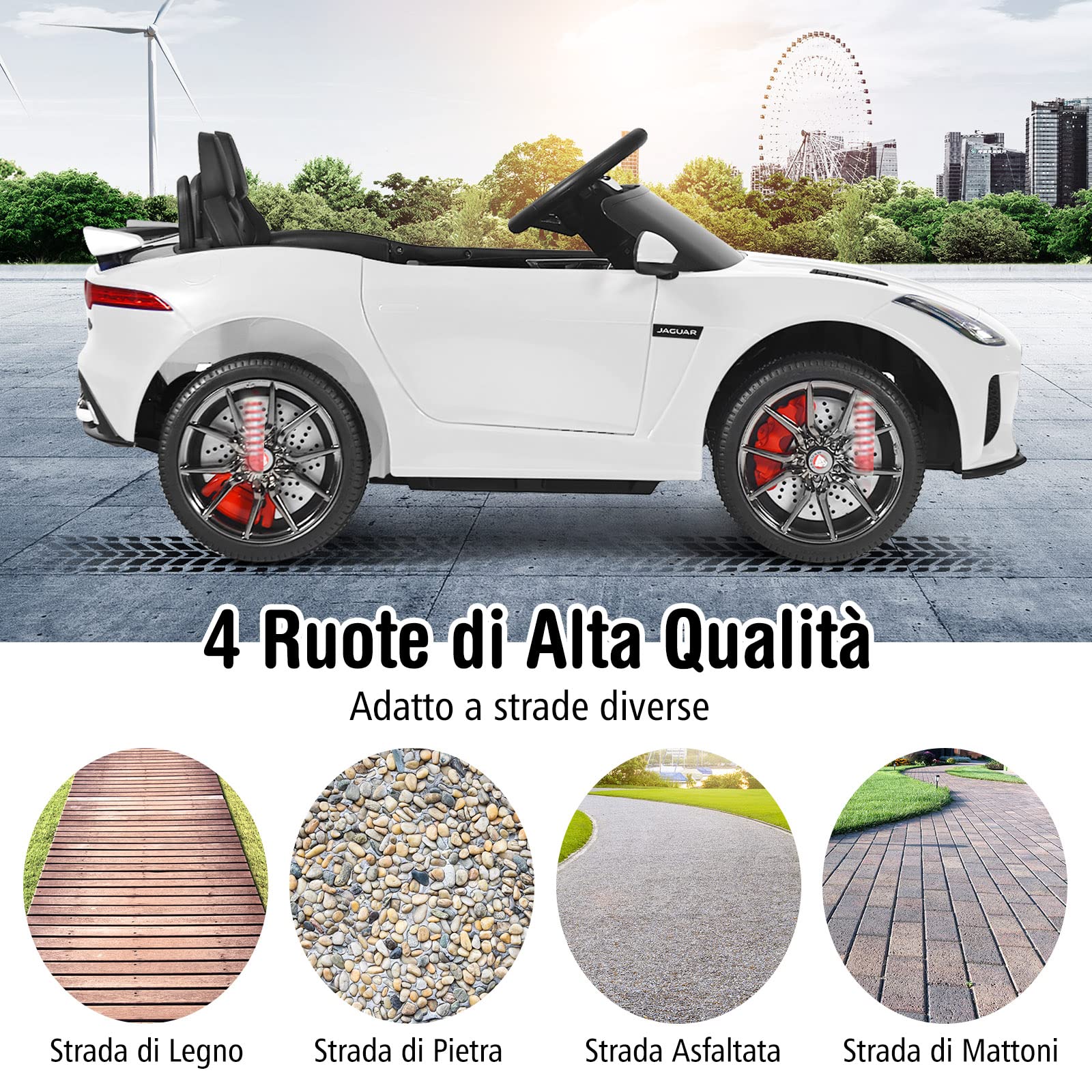 RELAX4LIFE Macchina Elettrica Jaguar F per Bambini 12V, con Telecomando 2.4G e Musica, USB, Luci LED e Clacson, 2 Portiere Apribili, 3 Anni+,107,5 x 66 x 50 cm(BIANCO)