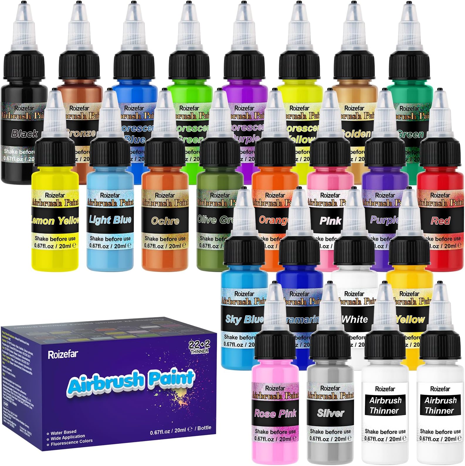 Roizefar Airbrush Paint, 22 Colors Air Brush Paint Kit with 2 Thinners, Water-Based Airbrush Paint Set for Artists, Beginners, DIY Projects, Opaque & Neon Colours, 20 ml/Bottle