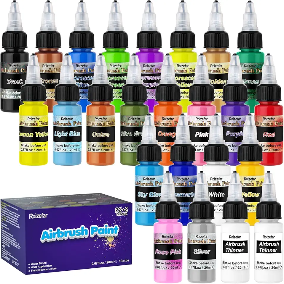 Roizefar Tinta para aerógrafo, 22 cores com conjunto de tinta para aerógrafo mais fino, tintas à base de água, tintas acrílicas prontas para pulverizar, inclui cores metálicas e neon, 20 ml/frasco
