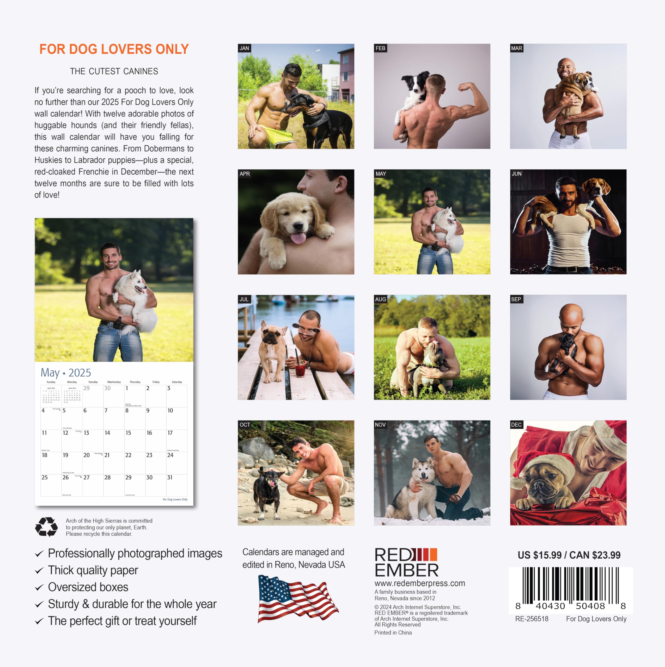 RED EMBER Calendario mensual de pared colgante 2025 para amantes de los perros, abierto de 12 x 24 pulgadas, papel grueso y resistente, regalo