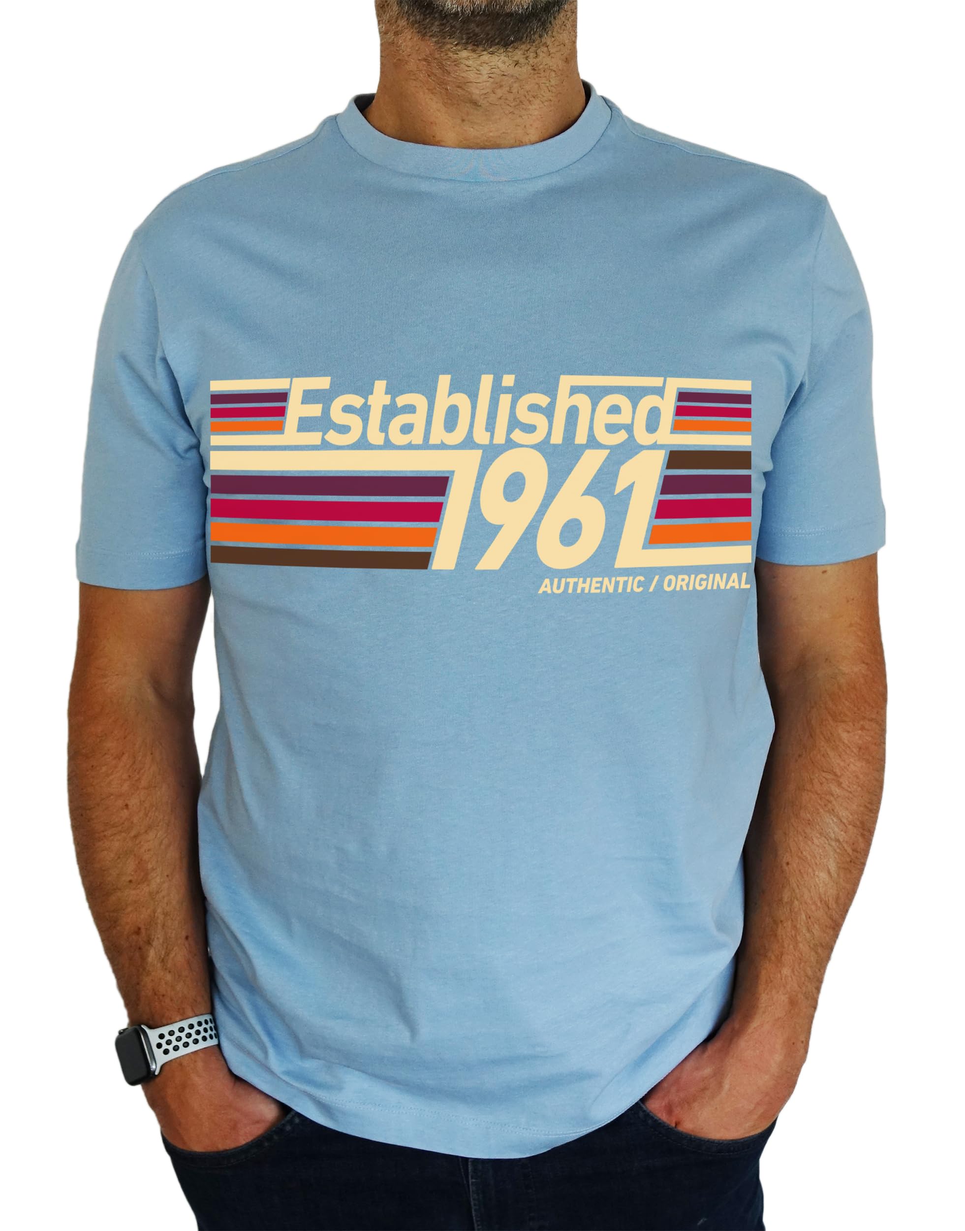 My Generation Gifts Men's Sky Blue 1961 Established Retro Stripes - 65Th Birthday Gift | Present T-Shirt L