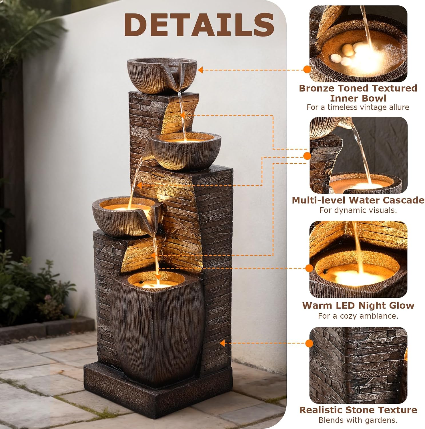 38.2" Tall Water Fountain Outdoor Garden,4 Tiers Modern Cascading Bowls and Stacked Stones Indoor Fountains with LED Lights for Patio, Deck, Porch, Backyard and Home Art Decor(Reddish-Brown