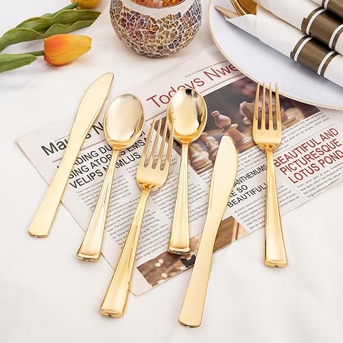 Miniatura 4 de Supernal Juego de 120 cubiertos de plástico dorado envueltos con servilleta, servilletas preenrolladas con juego de cubiertos, cubiertos enrollados