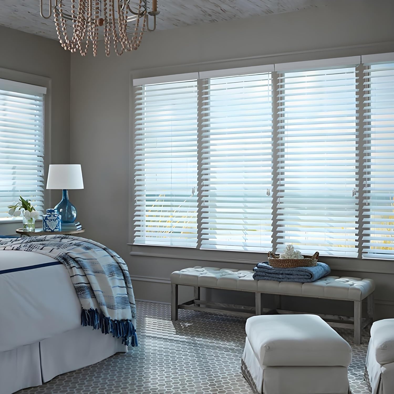 Vertical Wood Blinds Cordless Shades Mini Blinds for Windows Light Adjustment 100% Privacy Anti-UV Waterproof Can Mounted Inside Or Outside(White)