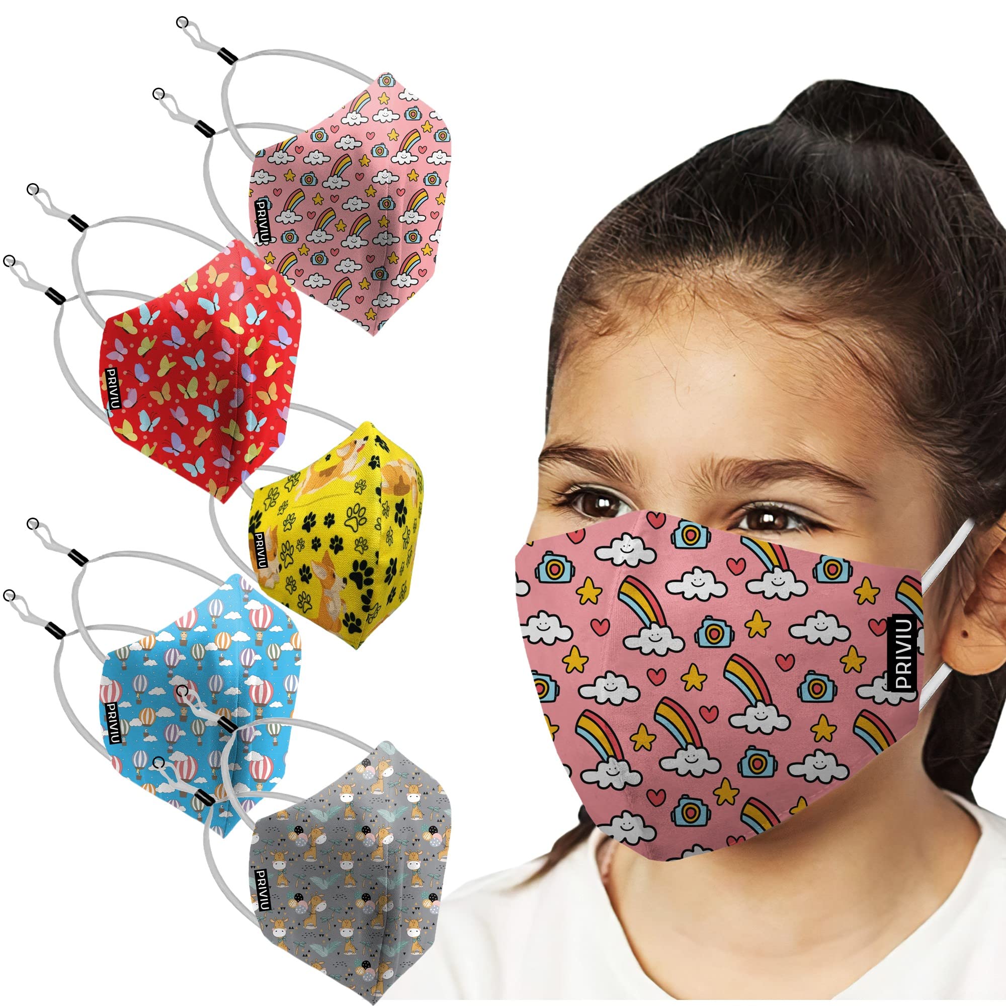 PRIVIU Face Masks for Boys and Girls Children 2 to 8 Years, Washable Reusable, 3D Comfortable Face Mask with Adjustable Over Head Strap, 4 Layer with Pure Cotton Inner Cloth, Pack of 5 (B092ZTJKJS) Amazon Price History, Amazon Price Tracker