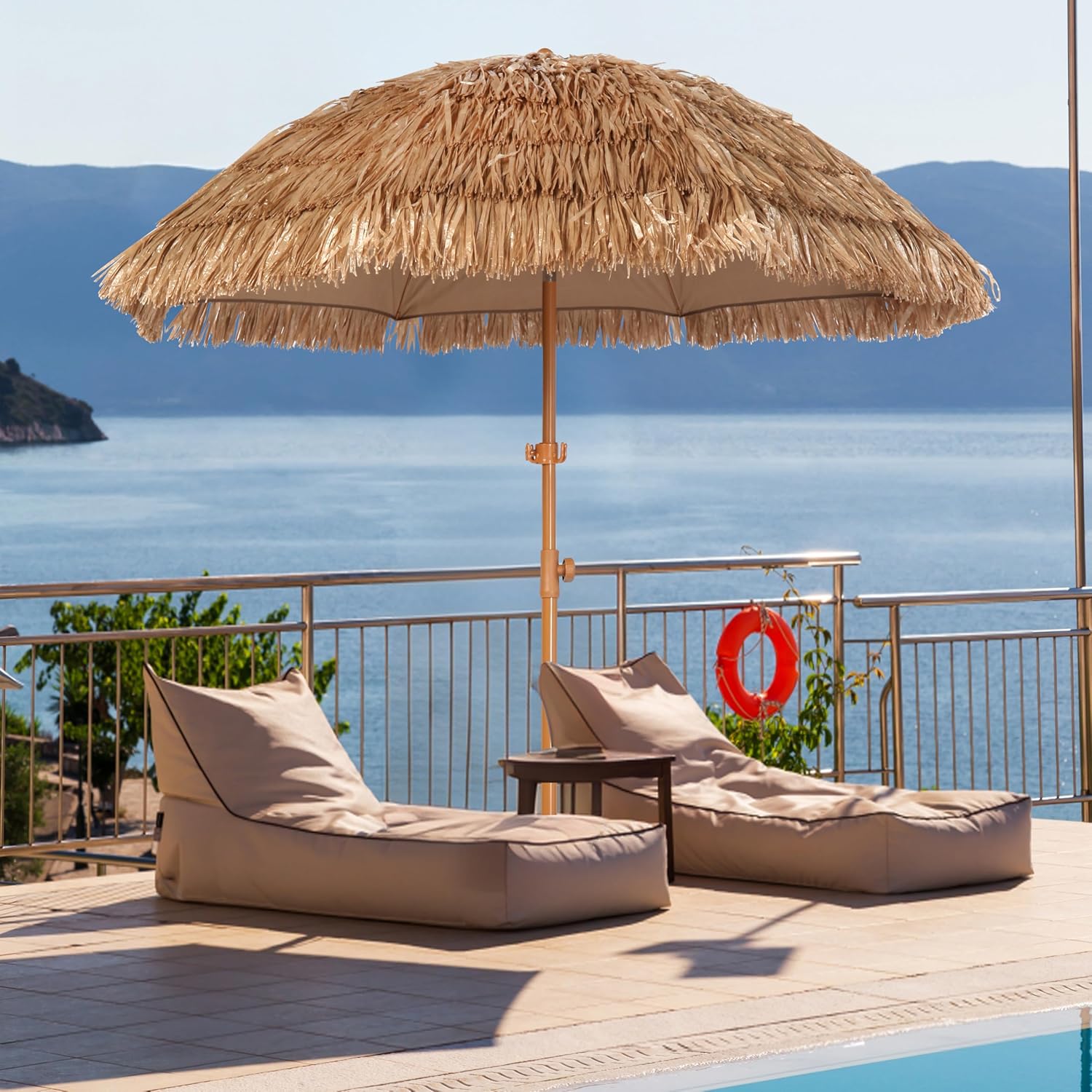 6.5ft Hula Tahtched Tiki Patio Umbrella, Beach Umbrella Hawaiian Style with Hanging Hook and Tilt Design, 8 Ribs with Carry Bag for Outdoor Tiki Bar, Tropical Palapa, Garden, Pool, Natural