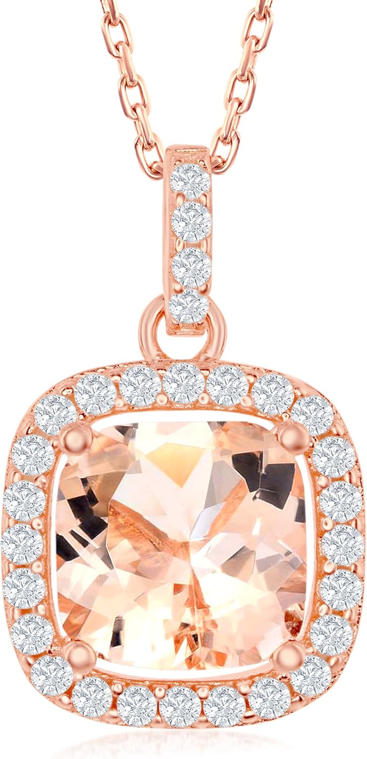 Morganite Cubic Zirconia Heart/Pear-Shaped/Princess Cut/Halo Round with White CZ Border Rose Gold Plated Sterling Silver Pendant 16+2" Necklace Jewelry for Women or Teens