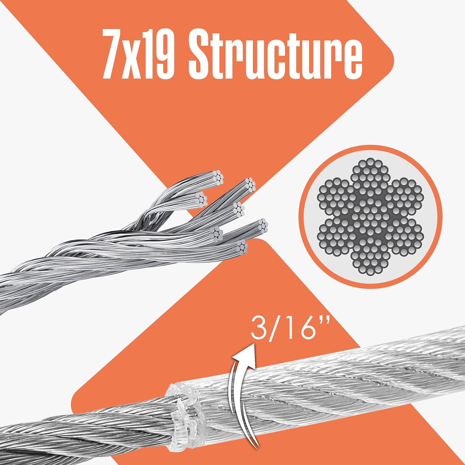 Houseables 3/16 Cable (ID), 1/4 Wire Rope (OD), Coated Wire Cable, Steel Rope, Galvanized, 7x19 Strand Core, 250 FT, Metal Clothesline, Vinyl Coated, Plastic Covered, for Railing, Decking, Aircraft