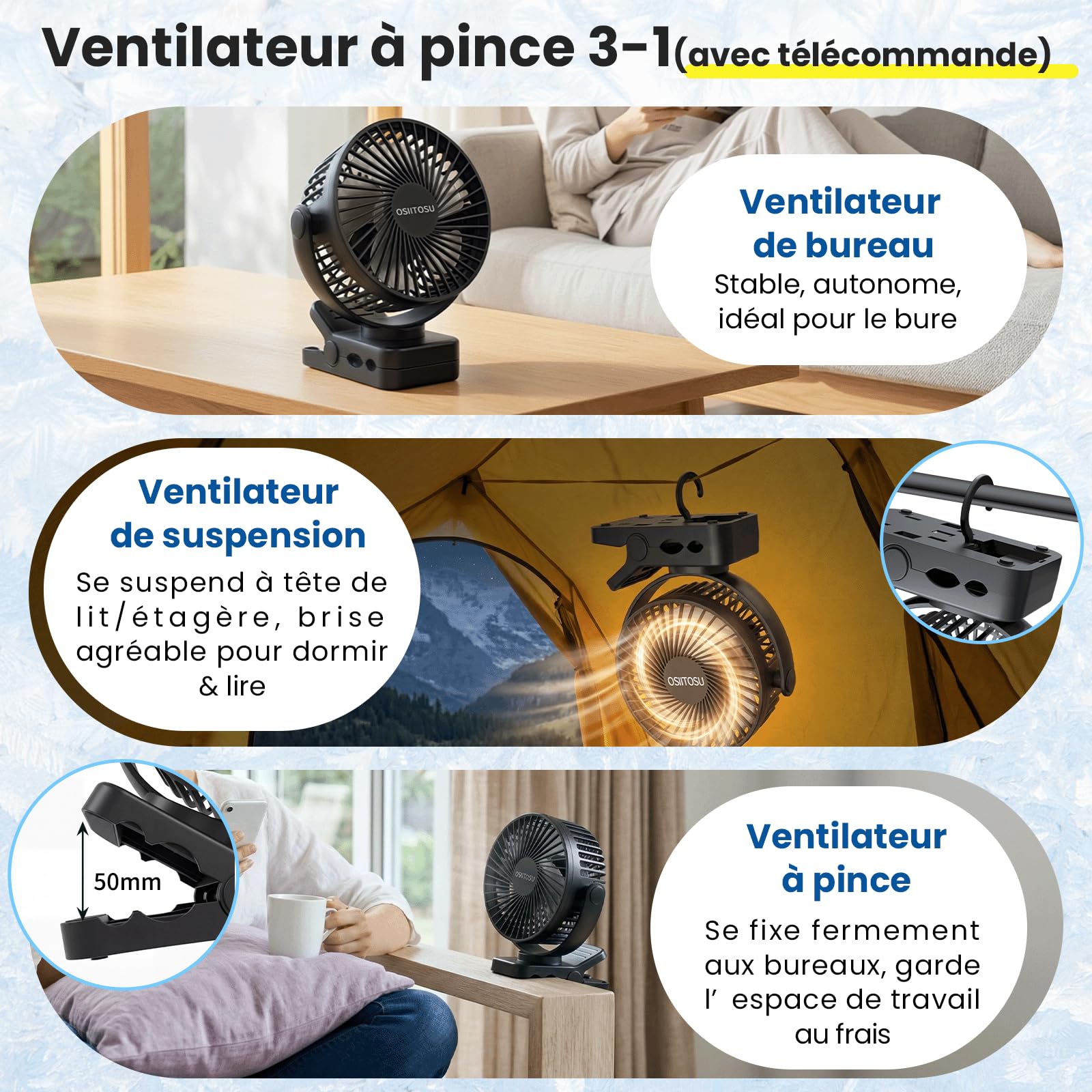 12000mAh Mini Ventilateur à Pince, 6'' Ventilateur Rechargeable USB Ventilateur Portable Silencieux Rotation 360° Petit Ventilateur de Bureau LED, 3 Vitesses, Télécommande pour Camping Bureau