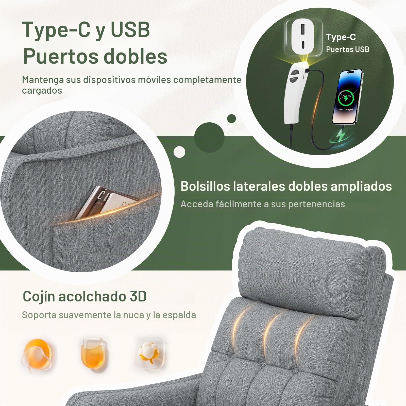 Silla reclinable para Ancianos, elevación eléctrica y sillón reclinable con Masaje y Calor, reposapiés extendido, Silla reclinable con 2 Controles remotos para Sala de Estar