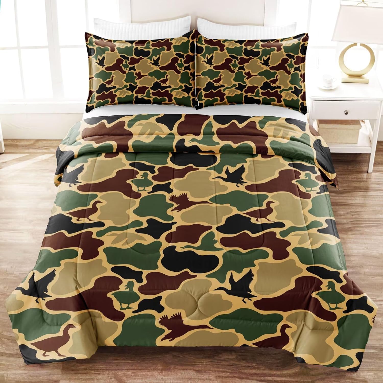 Duck Camo Bedding Set for Boys Queen Size,Old School Camo Comforter Set,Duck Hunting Bed Sets,Teens Kids Camouflage Room Decor