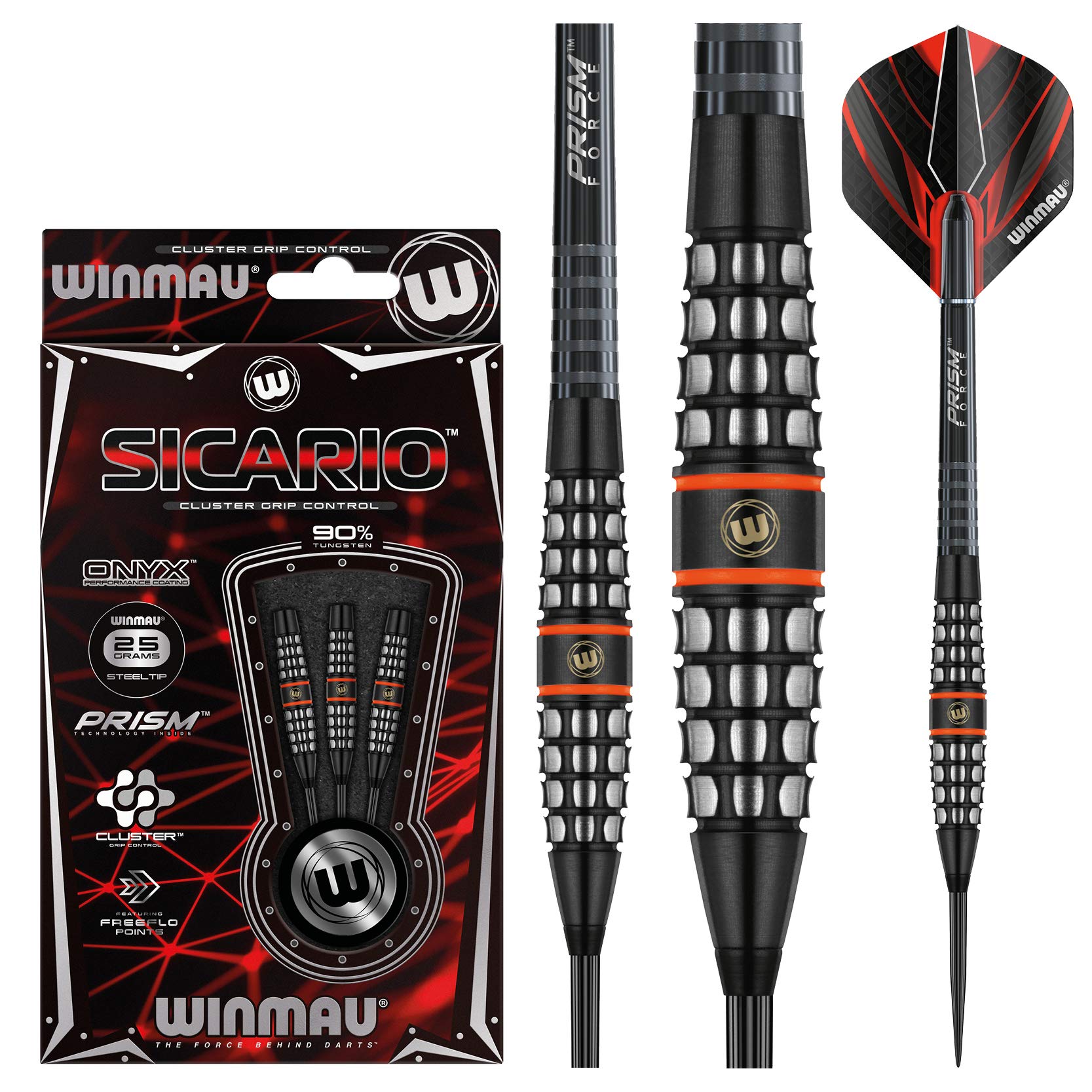 WINMAU Sicario 90% Tungsten Darts Set with Flights and Stems (Shafts) Two Styles - Cluster Grip Control