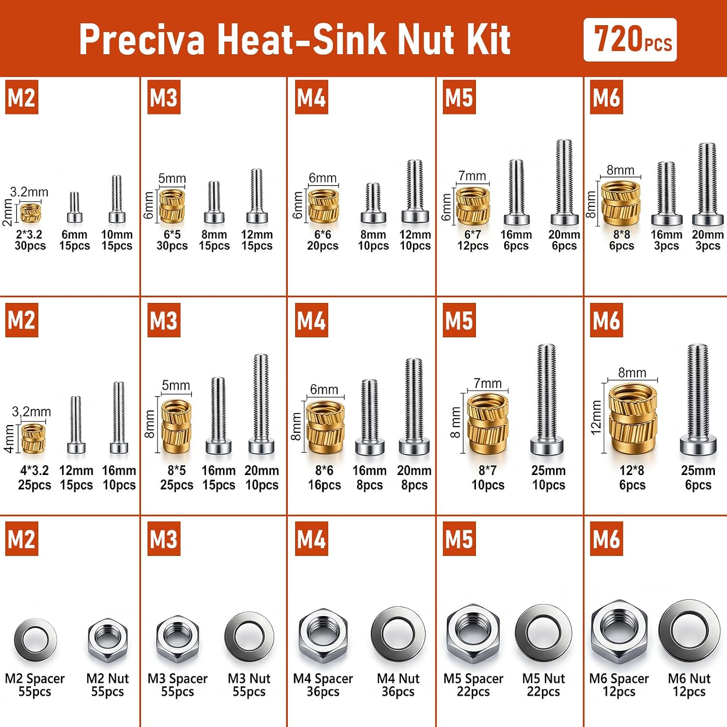 720Pcs Threaded Inserts Kit M2-M6 Heat Set Nuts for 3D Printer image 4
