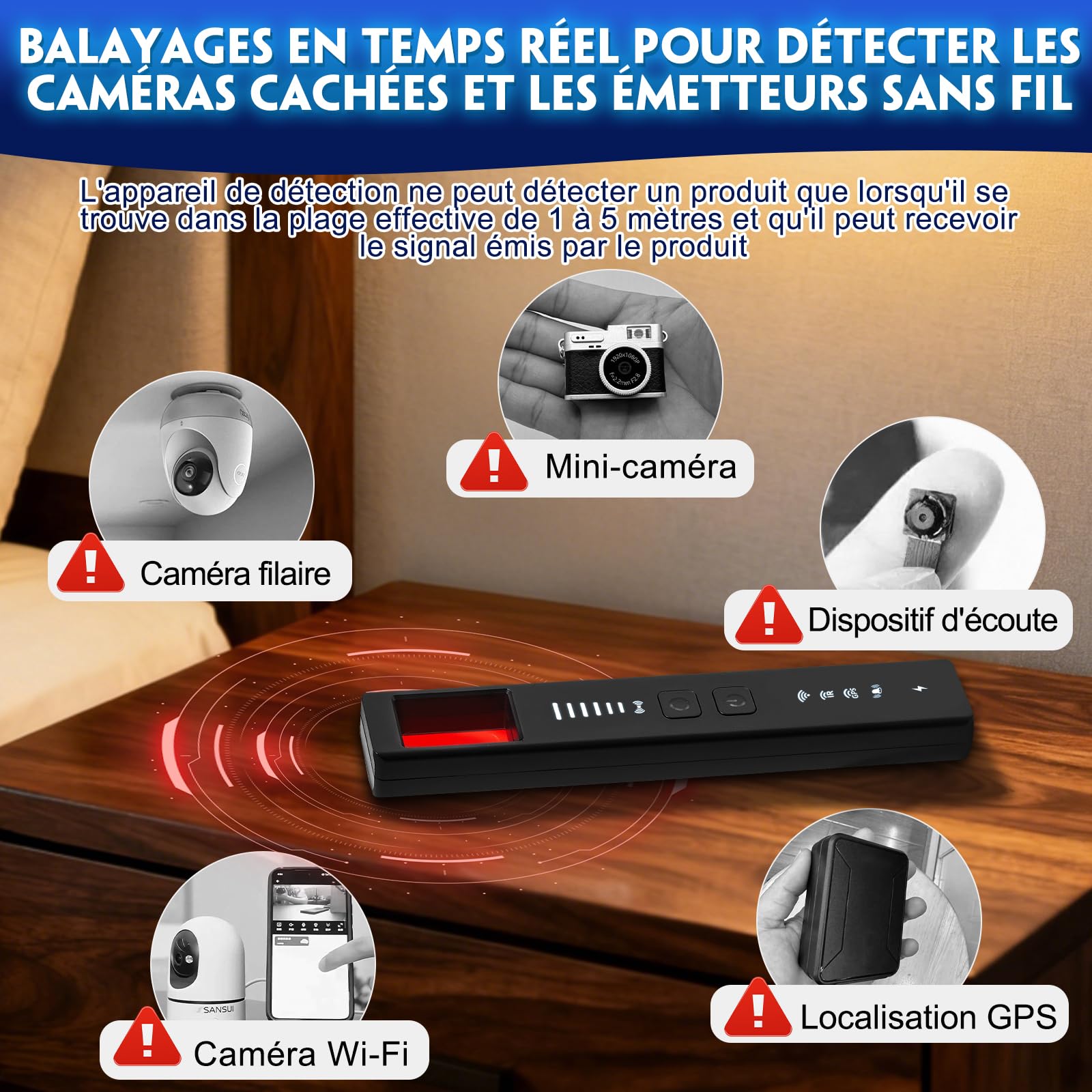 Détecteur de Caméra Cachée 5 en 1 – Détecteur de Micro Espion, Détecteur de Micros GPS, Détecteur RF sans Fil, 6 Niveaux de Sensibilité, Alarme de Sécurité pour Maison, Bureau, Hôtel