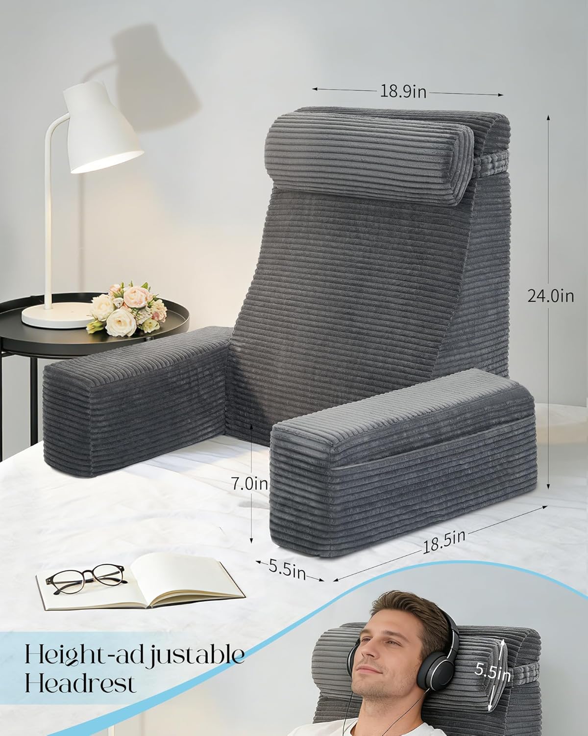 Seniny Reading Pillow for Bed Adult - 24" Back Support Pillow for Sitting Up Rest, Husband Bed Chair and Backrest Pillow with Arms, Lounge Sit Up Pillows for Dorm, Corner, Couch, Study, Watching TV