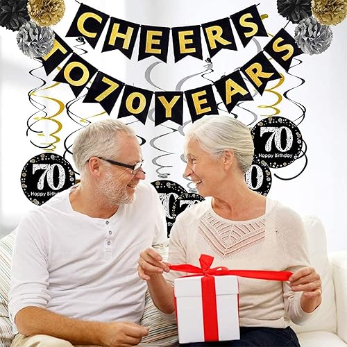 Miniatura 6 de Trgowaul Kit de decoración para fiesta de cumpleaños número 70 pancarta dorada con purpurina de "Cheers to 70 Years", pompones, 6 espirales