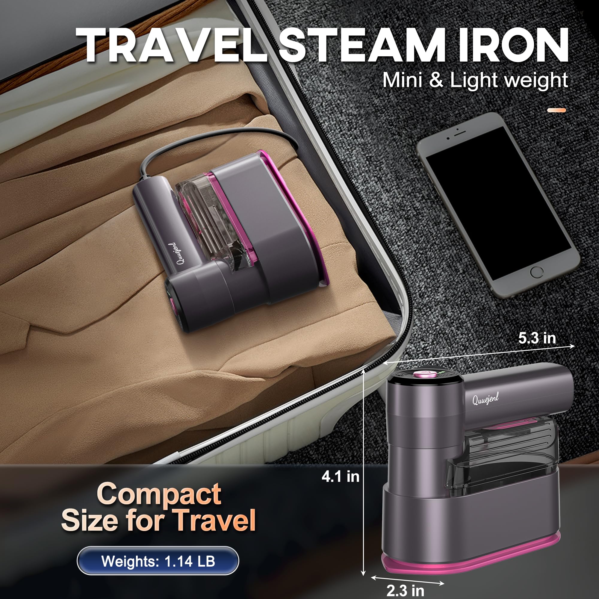 Tragbarer Reise-Verdampfer für Kleidung, 8 Fuß Netzkabel, kleines Dampfbügeleisen, faltbares Design, Reisen, Universität, Schlafzimmer und Zuhause (Lila)