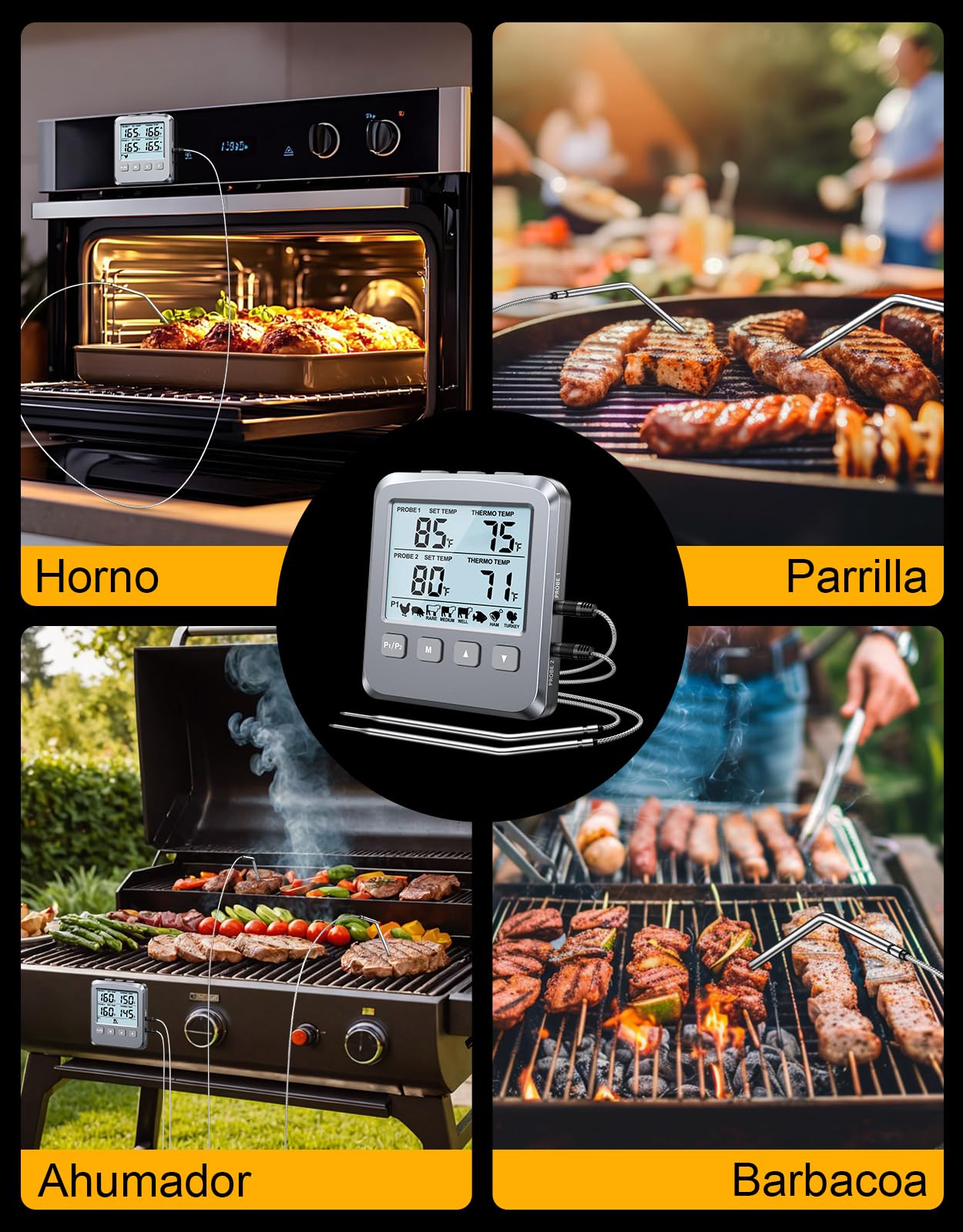 CIRYCASE Termómetro Cocina con 102cm Doble Sonda, Termometro Horno Digital para Cuisine, Comida, Barbacoa, Liquidos y Aceite, Doméstico Termómetro Carne con Gran Pantalla LCD & Alarma - ℃/℉ Conmutable