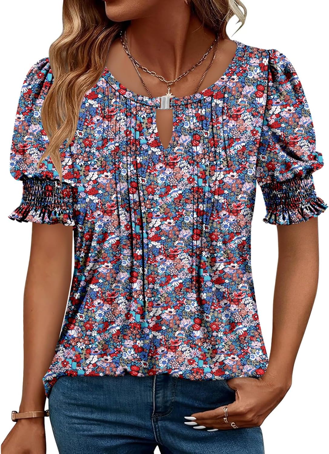 CRAZY GRID Women's Dressy Casual Top Puff Sleeve Summer Shirt Loose Trendy Pleated Blouse