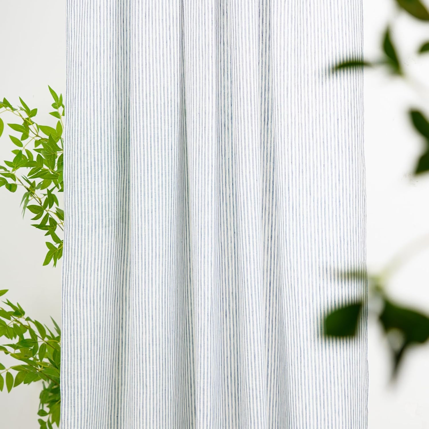 100% Pure Linen Rod Pocket with Pinstripe Curtains, 52 x 84 Inch Natural Linen Textured Window Curtains for Living Room Bedroom Dining 1 Panel, Blue