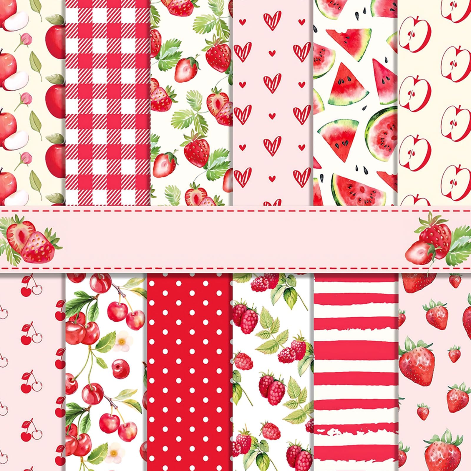 Scrapbook Papier 30x30 cm Scrapbook Bastelpapier mit Rot Obst Muster, 24 Blatt Sommer Scrapbooking Papier Frucht Motivpapier, Doppelseitiges Dekorpapier mit Erdbeere Kirsche Apfel Muster