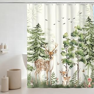 Cute Wild Animal Deer and Bird Mushroom Pine Tree Forest Shower Curtain | Rustic Cabin Bathroom Curtains, Sage Plant Herbs Butterfly Home Decor,Pine Woodland Nature Shower Curtains for Bathroom Decor
