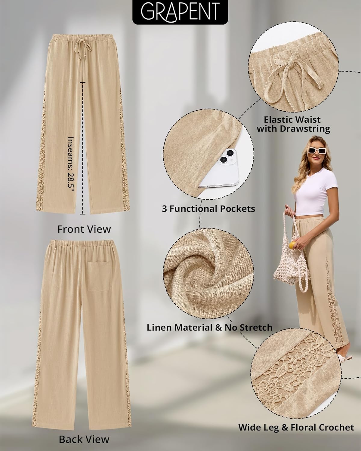 GRAPENT Linen Pants Women Wide Leg High Waisted Crochet Panel Pull On Elastic Waist Casual Summer Beach Vacation Pants - Image 4