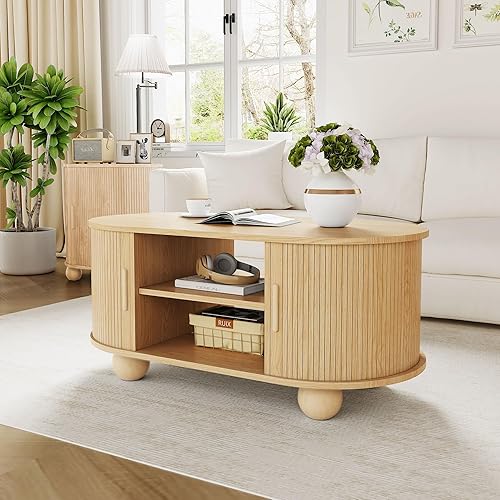 Miniatura 4 de Mesa auxiliar rectangular, mesas de centro acanaladas para sala de estar, mesa de centro de mediados de siglo con almacenamiento y puertas