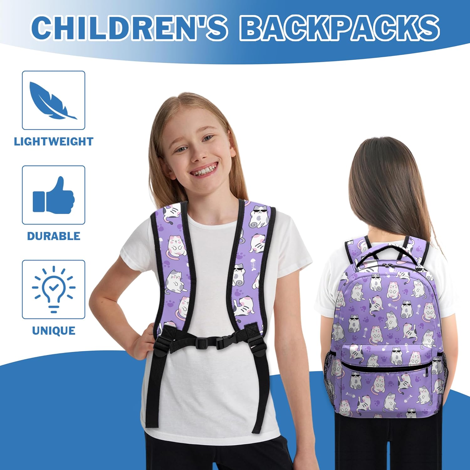 Lovely Cat Backpack Cute Animal Pattern Bookbag Lightweight Elementary Kindergarten Schoolbag Kawaii Purple Toddler Kids Backpack for Girls Boys Hiking Traveling Camping - Image 6