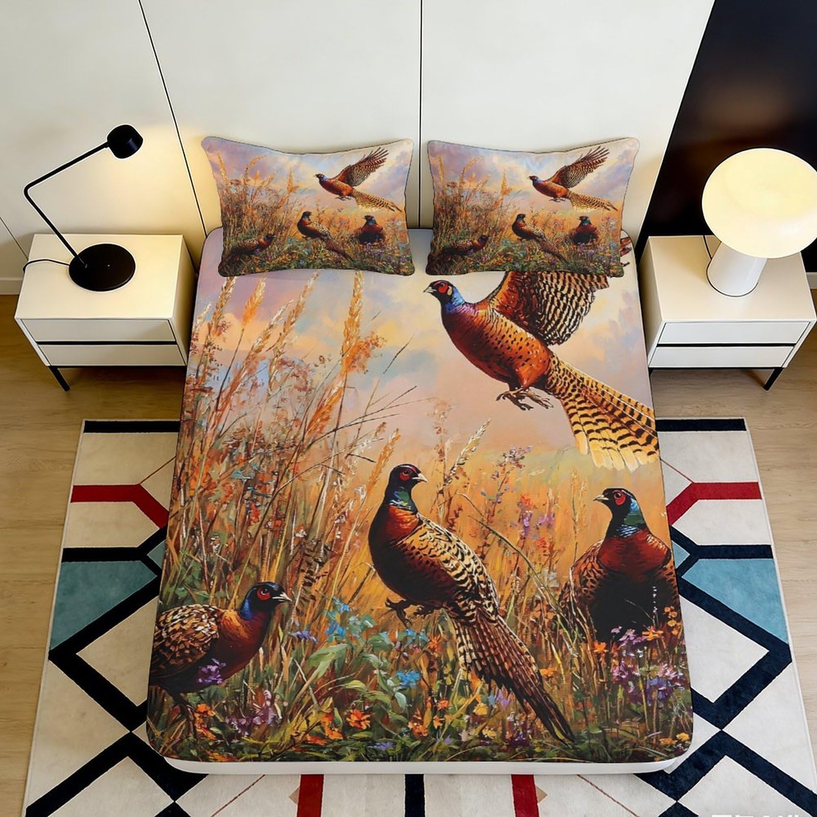 3D Printed Pheasant Meadow Fitted Sheet Microfiber Soft Bed Cover Autumn Birds Decor for Bedroom Guestroom 90x200x25cm