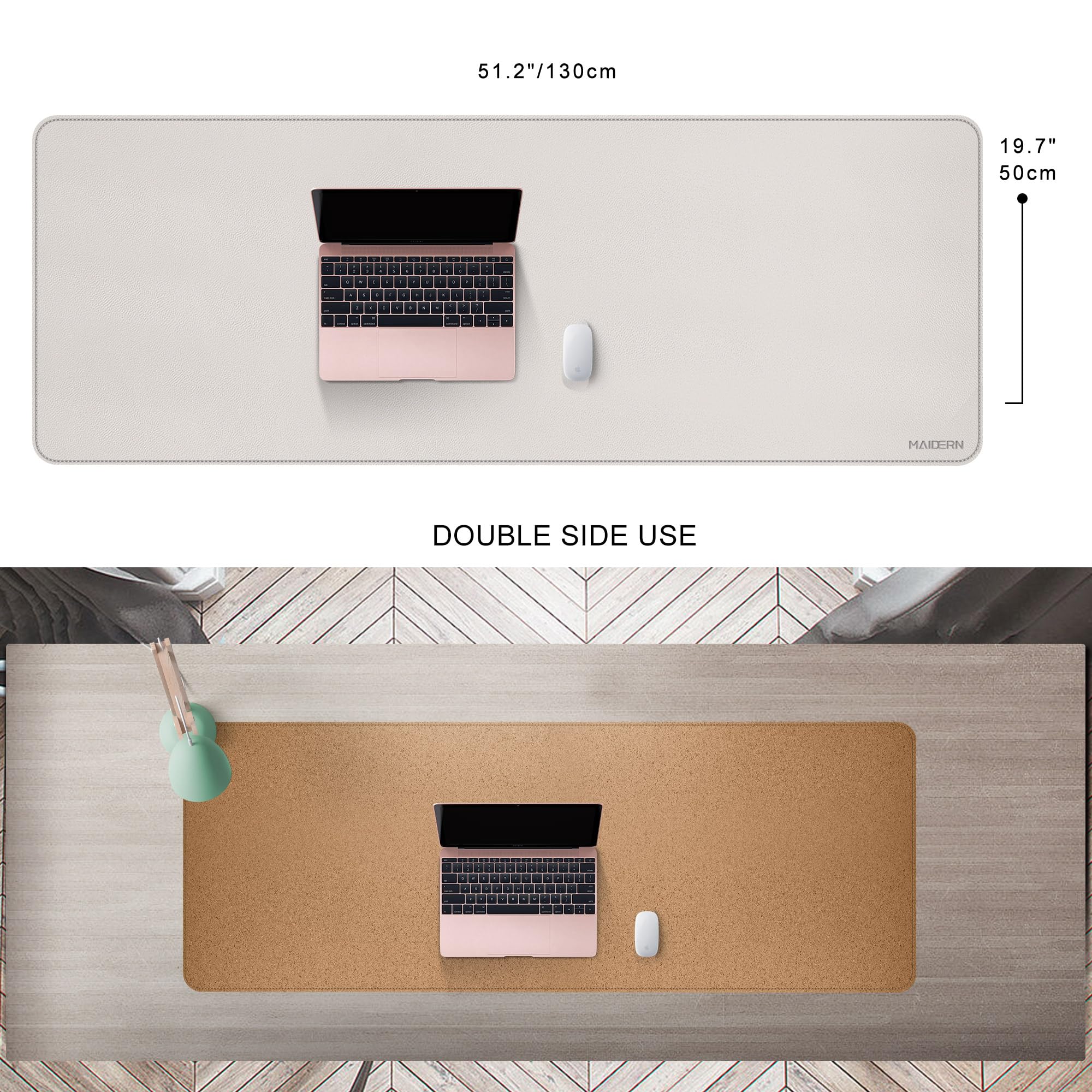 MAIDERN Tappetino da scrivania, 130 x 50cm tappetino per mouse bifacciale in sughero e pelle PU, tappetino da scrivania morbido e impermeabile per ufficio/casa(Crema)