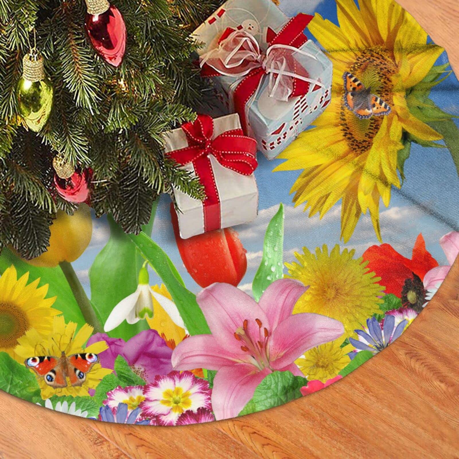 Butterflies Christmas Tree Skirt for Xmas Holiday Party Supplies Large Tree Mat Decor, Spring Summer Butterfly Sunflower Tulip Flowers Ornaments 30