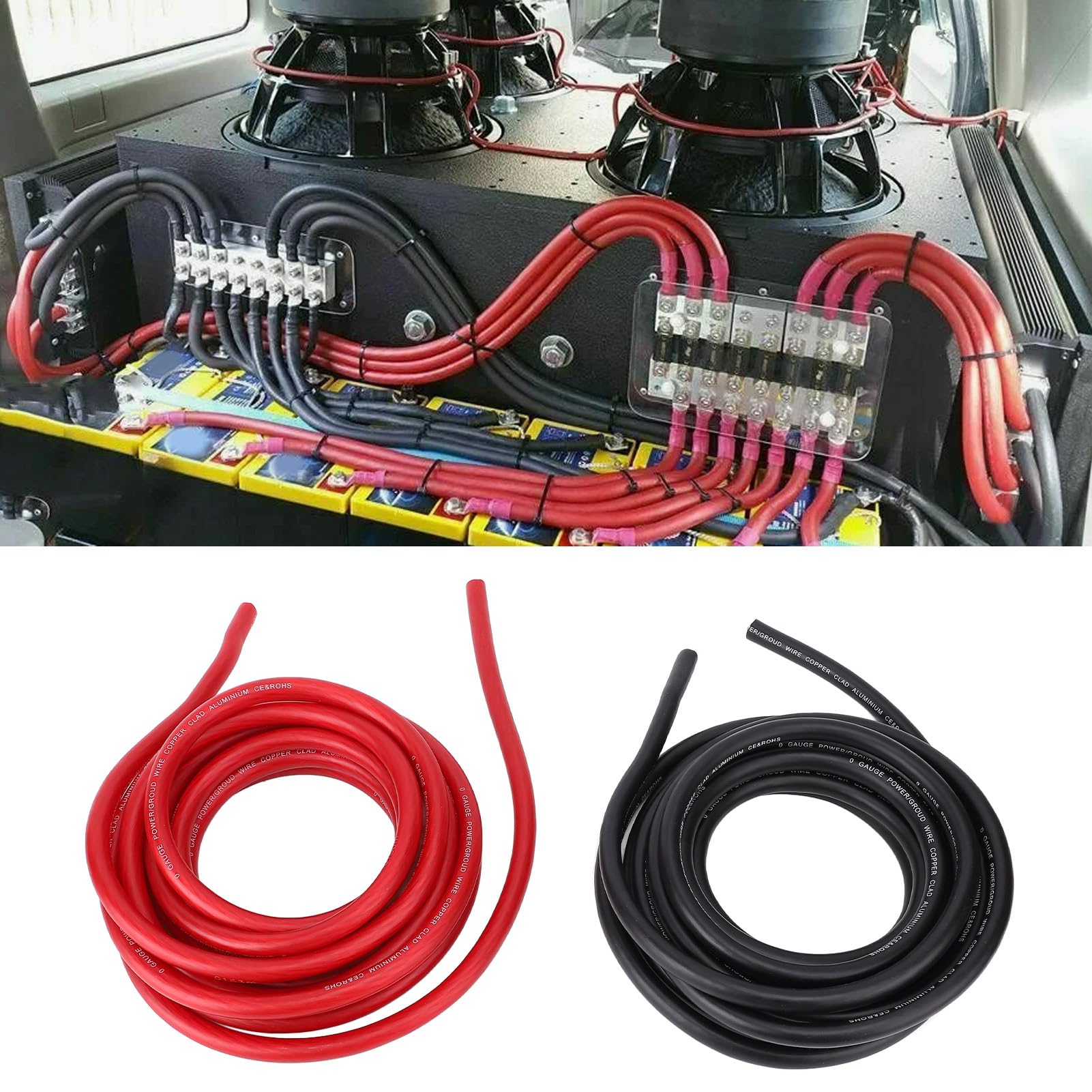 Generic Cable de Tierra 1/0AWG Cable Flexible Rojo Negro de 20 Pies para Sistemas de Audio de Automóvil con Material de Cobre y Rendimiento de Sonido Mejorado