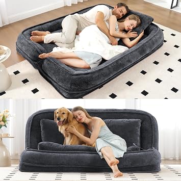 71 Human Dog Bed, Upholstered Lounge Loveseat Chair, Floor Chair with Back Support, 5 Adjustable Position Folding Sofa for Adults & Pets, Lazy Sofa Bed for Living Room Game Room, Dark Gray