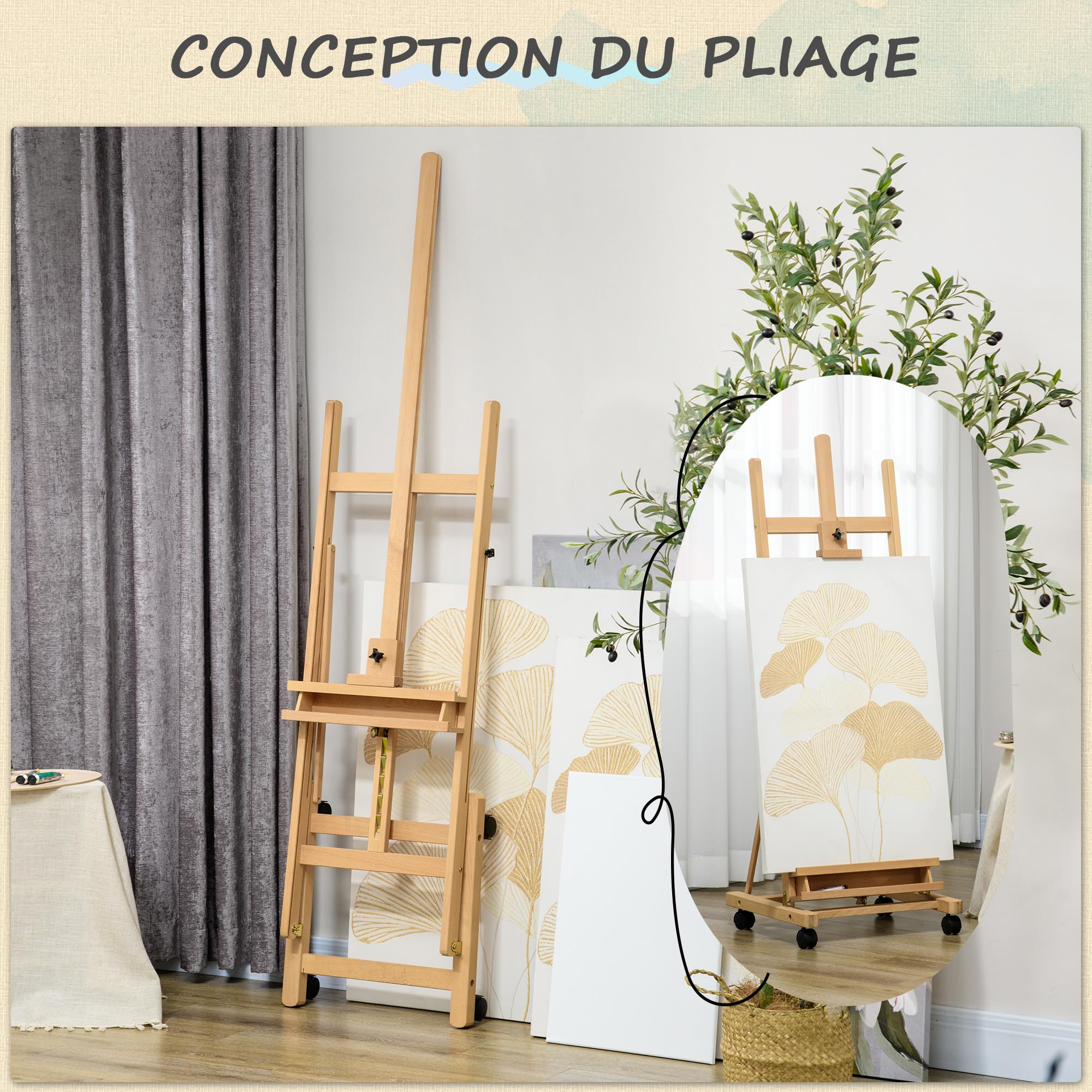 Vinsetto Chevalet d'artiste pliant sur roulettes en bois de hêtre pour toiles jusqu'à 118 cm, hauteur réglable, inclinaison réglable de 90° max. avec porte-pinceau en bois naturel