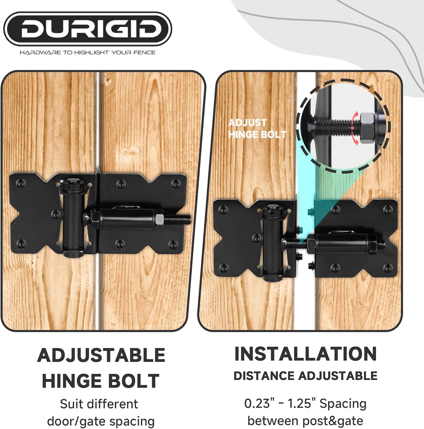 Self Closing Gate Hinges, Gate Hinge Heavy Duty, Shed Door Hinges for Vinyl/Wood Fence/Steal Gate, Self-Tapping Screws and Adjustment Tool, Black Finish, 4 Pack